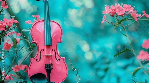 A beautiful pink violin sits in a lush green garden. The violin is surrounded by delicate pink flowers. photo