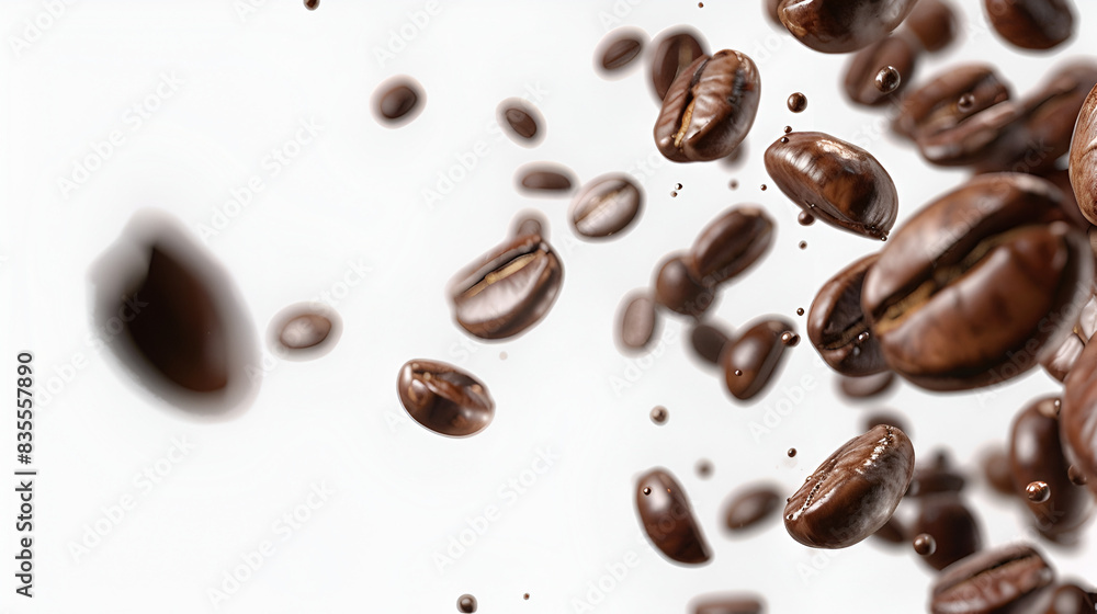 Coffee beans flying isolated on isolated png background. Generative AI. Coffee beans flying isolated on isolated png background. Generative AI.