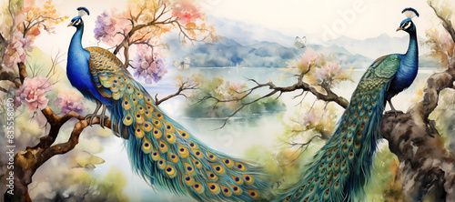 Watercolor painting wallpaper of forest landscape with lake plants trees birds peacocks butterflies (ID: 835558080)