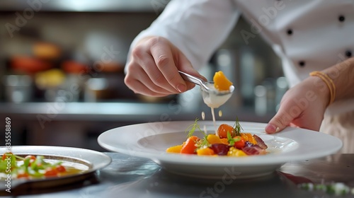 3. Showcase the artistry of culinary craftsmanship with a close-up shot of a chef expertly preparing a dish using ingredients sourced from nearby fields.