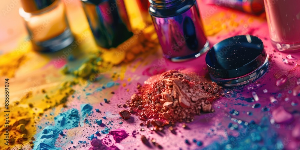 A close-up view of a table covered in various paints and colors A close-up view of a table covered in various paints and colors