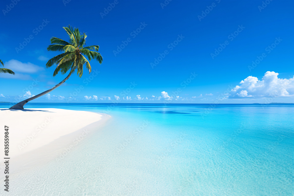 Palm tree on a pristine white sand beach with clear blue water and a sunny sky perfect for a tropical paradise