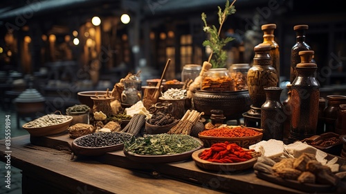 A traditional Chinese medicine market  with herbs  roots  and other medicinal ingredients displayed in wooden stalls. 