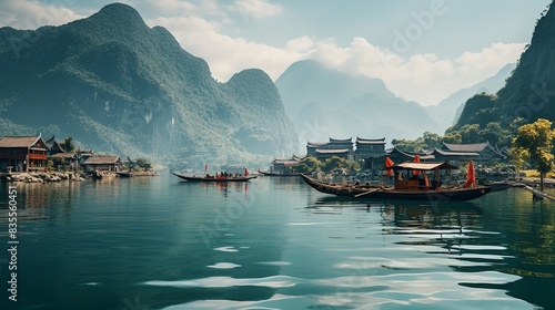A tranquil fishing village on the coast of China, with wooden boats, fishing nets, and traditional stilt houses.   photo