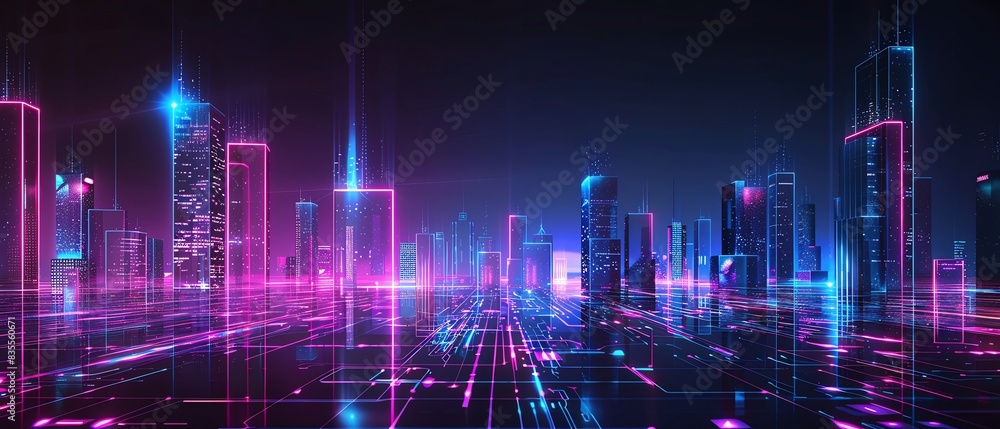 Data transfer concept with neon glowing background, showcasing 5G technology, IoT devices, and realtime analytics Data transfer concept with neon glowing background, showcasing 5G technology, IoT devices, and realtime analytics