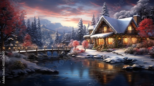 A tranquil lakeside cabin  surrounded by snow-covered trees and decorated with Christmas lights  with reflections of the holiday decorations shimmering on the water.  