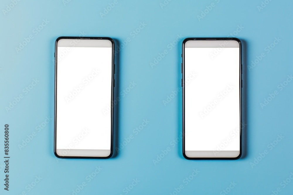 Two smartphones placed side by side on a blue background, great for technology and innovation themed images Two smartphones placed side by side on a blue background, great for technology and innovation themed images