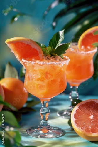 Two glasses filled with orange juice and garnished with fresh mint leaves