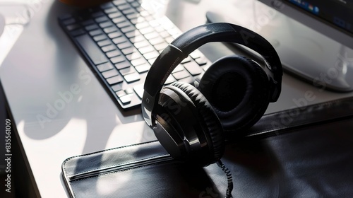 Close-up on noise-cancelling headphones at a remote work desk, essential tools for focused work, detailed texture.