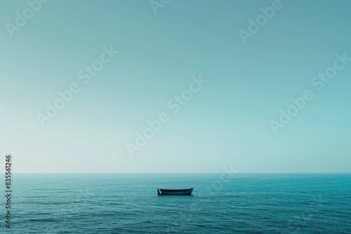 A small boat drifting in the middle of the ocean  with no signs of human activity or nearby land