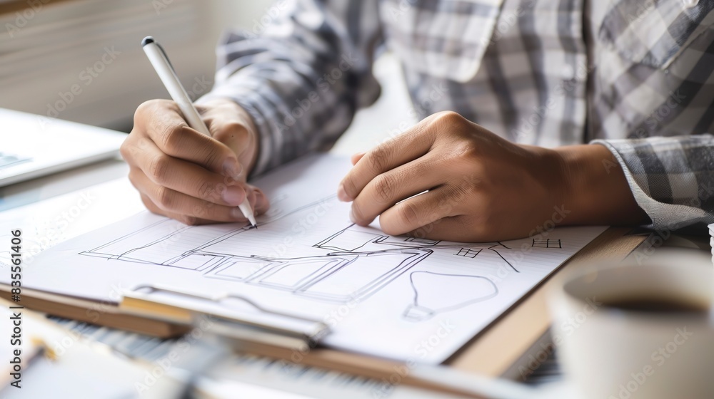 Entrepreneur sketching business models on a notepad, close-up, creative process, coffee cup in frame. Entrepreneur sketching business models on a notepad, close-up, creative process, coffee cup in frame.