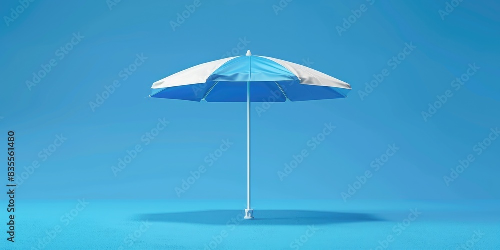 A blue and white umbrella sits on a blue surface, ready for use