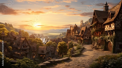 A tranquil sunset over a quaint village, with cobblestone streets and rustic homes basking in the golden hour, as villagers go about their evening routines.   photo