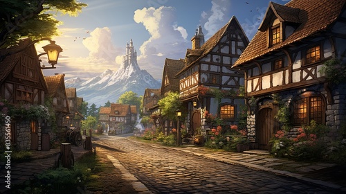 A tranquil sunset over a quaint village, with cobblestone streets and rustic homes basking in the golden hour, as villagers go about their evening routines.   photo