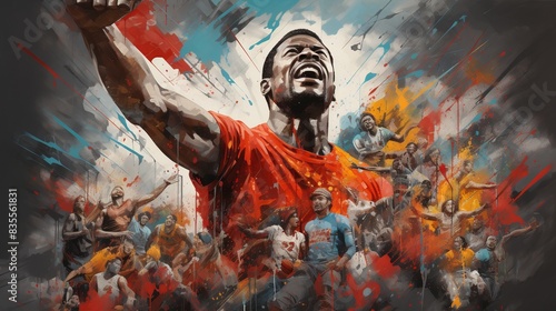 A transformative sports collage celebrating the power of sports to drive social change and promote positive values such as equality, justice, and solidarity, with images that showcase athletes as agen photo