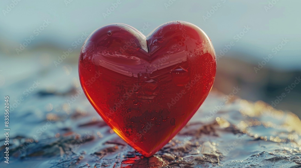Fototapeta premium A red heart-shaped object sits atop a rock, perfect for decorative or symbolic uses