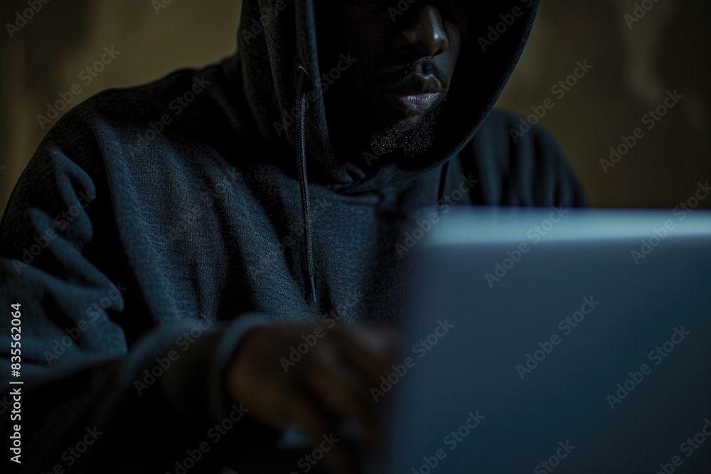 A person working on a laptop wearing a hoodie and possibly in a quiet or private space A person working on a laptop wearing a hoodie and possibly in a quiet or private space