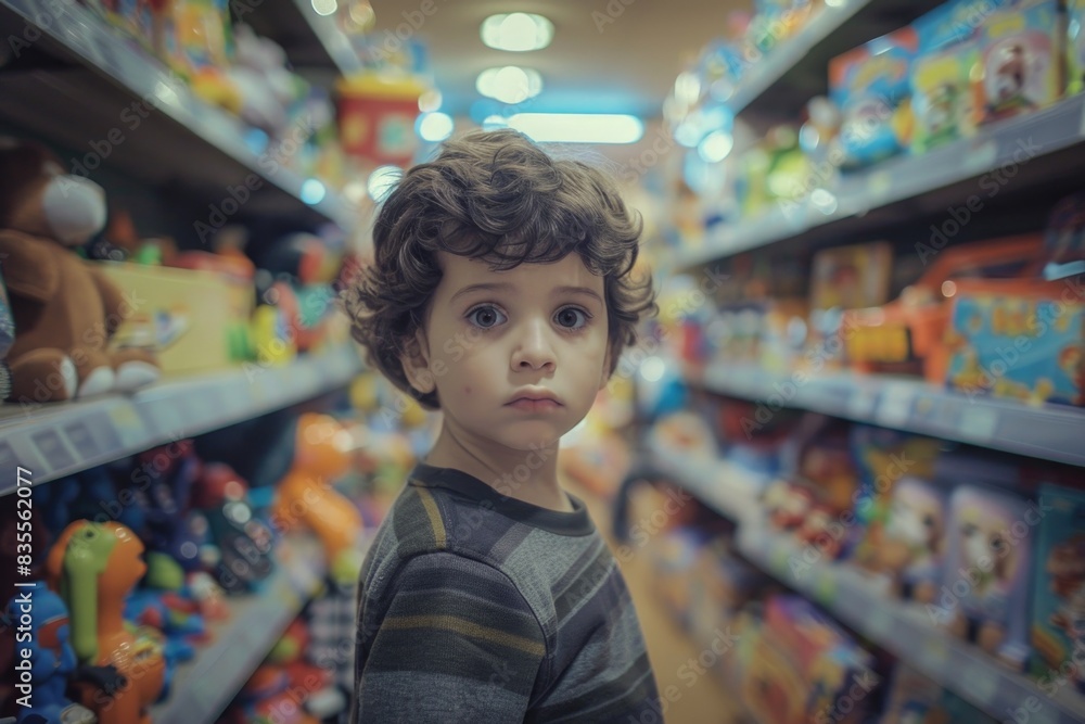 A young boy looks directly at the camera in a colorful toy store setting, surrounded by toys and games