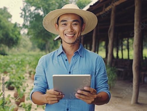 A person wearing a traditional straw hat holds a tablet, suitable for illustrations of rural life or vintage-style computing