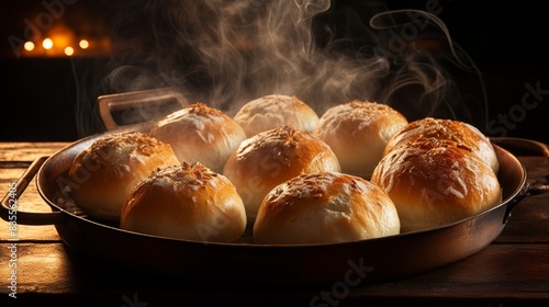 A tray of freshly baked bread rolls with golden crusts and steam rising from the center   photo