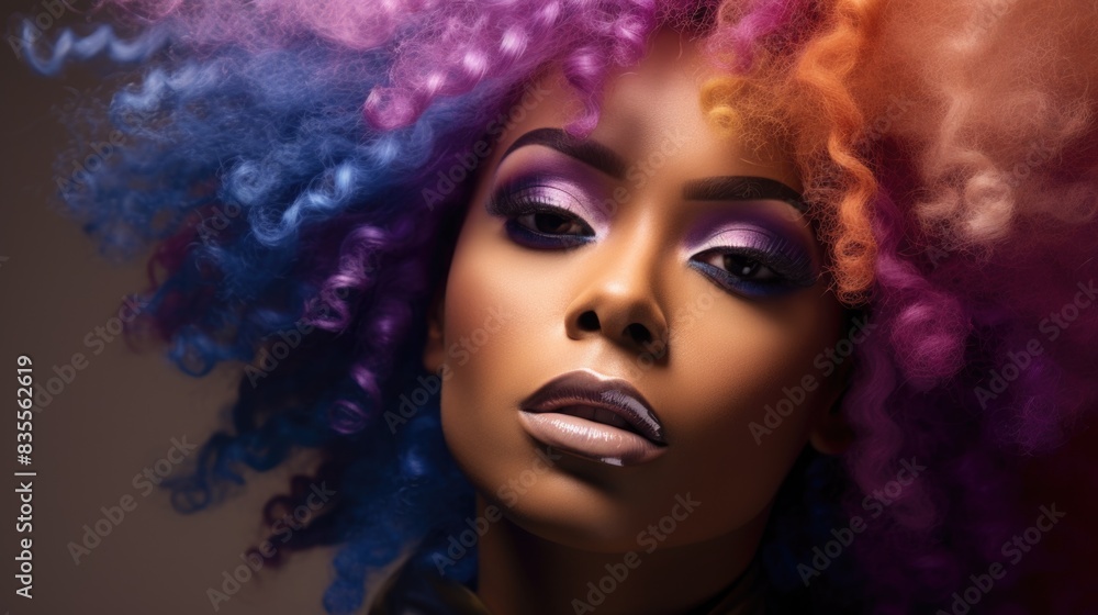 Close-up portrait of a woman with vibrant and brightly colored hair, ideal for use in lifestyle or beauty contexts