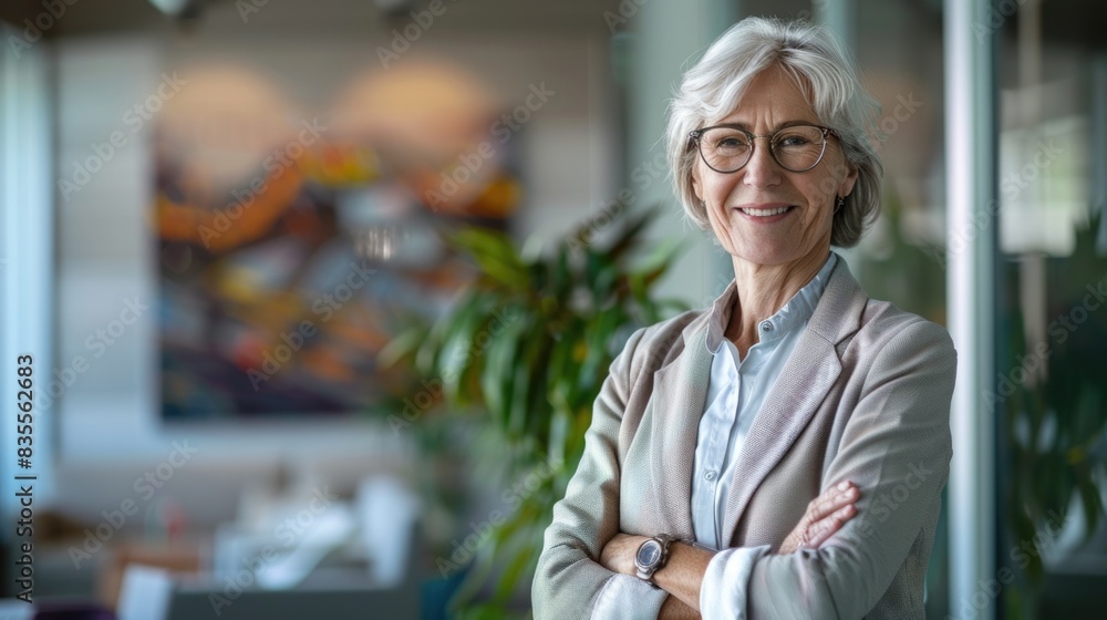 Obraz premium A woman wearing glasses stands in front of a window, looking outside