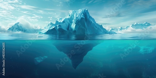 A massive chunk of ice breaks off from a glacier and floats in the open sea, with waves crashing against its sides photo