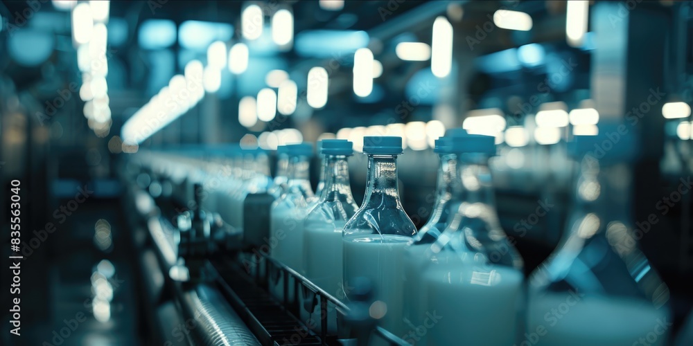 Glass containers filled with milk moving along a production line Glass containers filled with milk moving along a production line