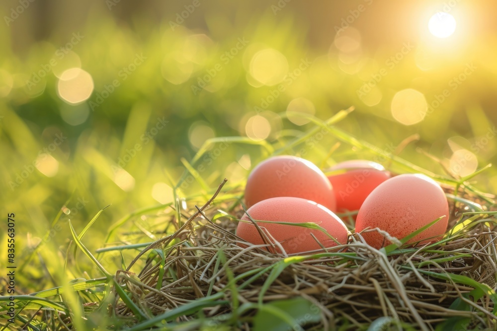 Eggs laid by a bird in a nest on the grassy ground Eggs laid by a bird in a nest on the grassy ground