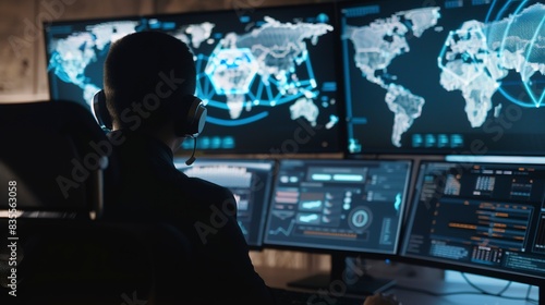 Close-up of a cybersecurity expertâ€™s monitors with live network threat maps, intense vigilance, strategic operations. -