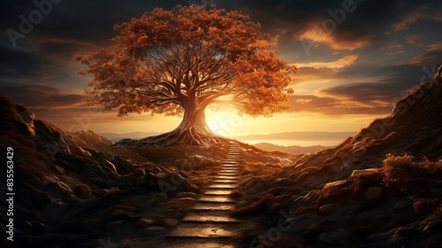 A tree with branches that form a path leading to a bright horizon, symbolizing the journey to success  photo
