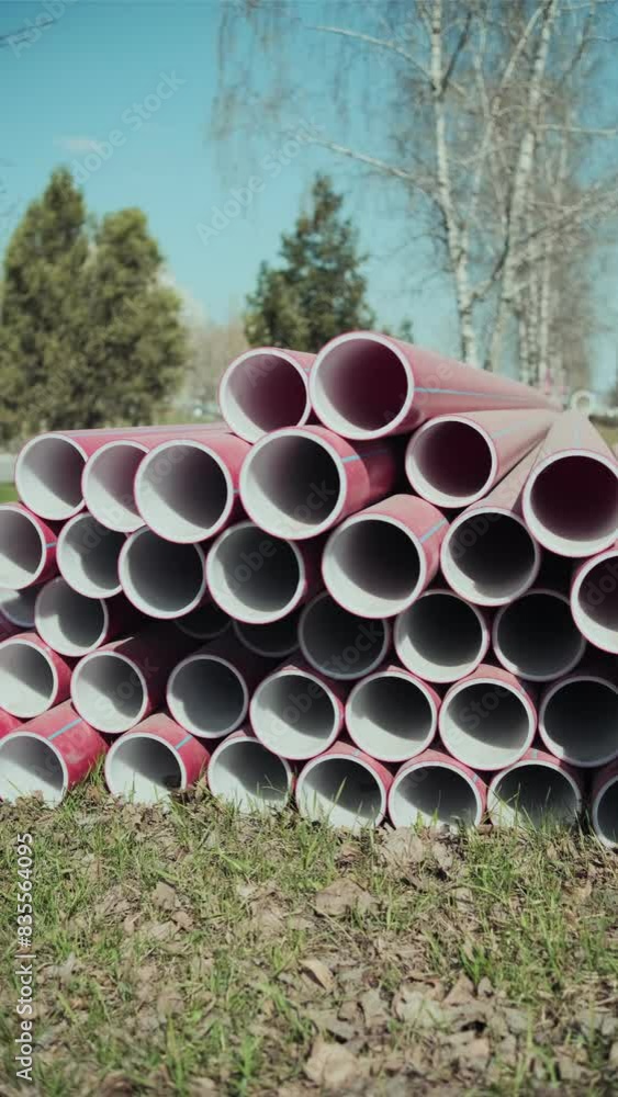 Stacked Red Plastic Pipes Beside Roadway On Sunny Day Stacked Red Plastic Pipes Beside Roadway On Sunny Day