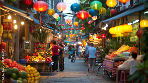 A vibrant scene of an Asian street market at dusk. Colorful stalls selling exotic fruits, spices, and local handicrafts line a narrow street. Vendors and customers of various ethnicities interact anim