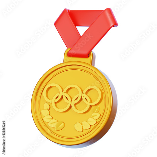 Olympic gold medal with red ribbon isolated Sports game goods and equipment icon 3d Rendering