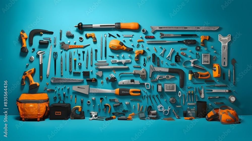 Fototapeta premium Top view design concept of Father's day with working tools on blue background. 