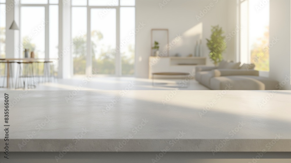 Fototapeta premium Empty white tabletop in a modern living room with large windows.
