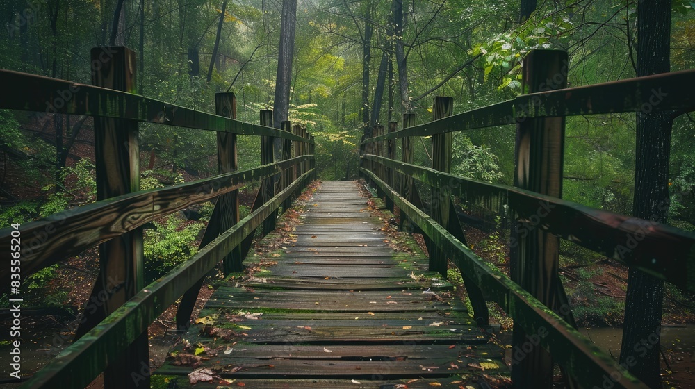 A lengthy wooden bridge leading into the woods A lengthy wooden bridge leading into the woods