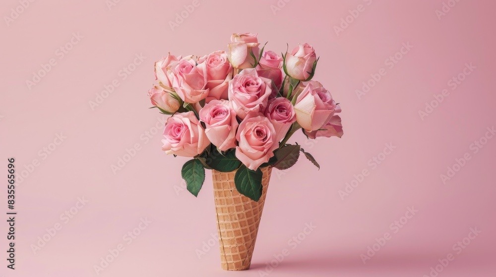 Bouquet of pink roses in ice cream cone Bouquet of pink roses in ice cream cone