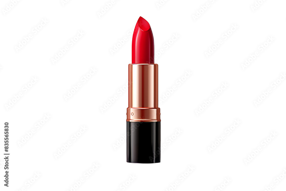 Obraz premium A vibrant red lipstick in a sleek black and gold case, isolated on a transparent background, perfect for beauty and fashion themes.
