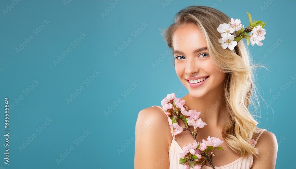 Fototapeta premium Portrait of a young Caucasian woman with blonde hair and a floral theme for spring or summer, isolated against a blue background