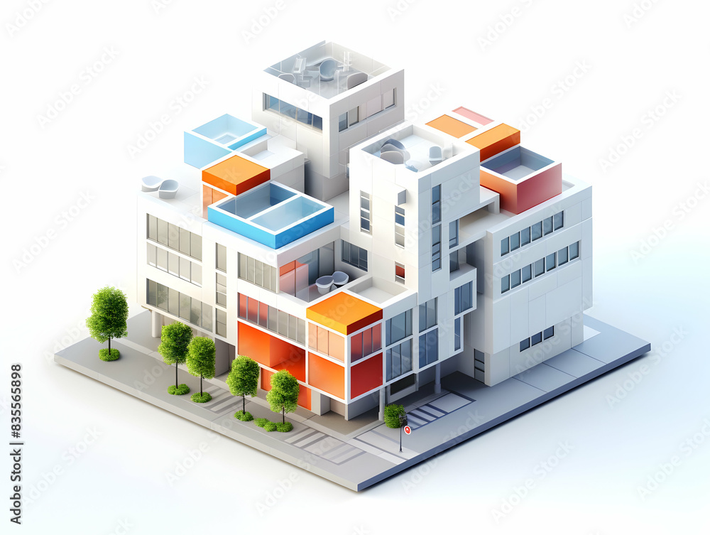 A model of 3d real estate house building, Conceptual flat and building on urban area, real estate housing concept A model of 3d real estate house building, Conceptual flat and building on urban area, real estate housing concept