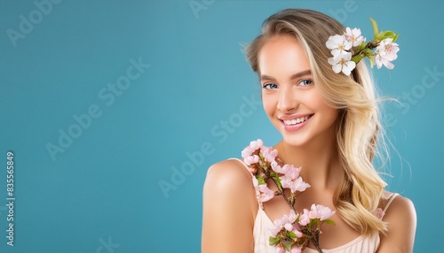 Portrait of a young Caucasian woman with blonde hair and a floral theme for spring or summer, isolated against a blue background