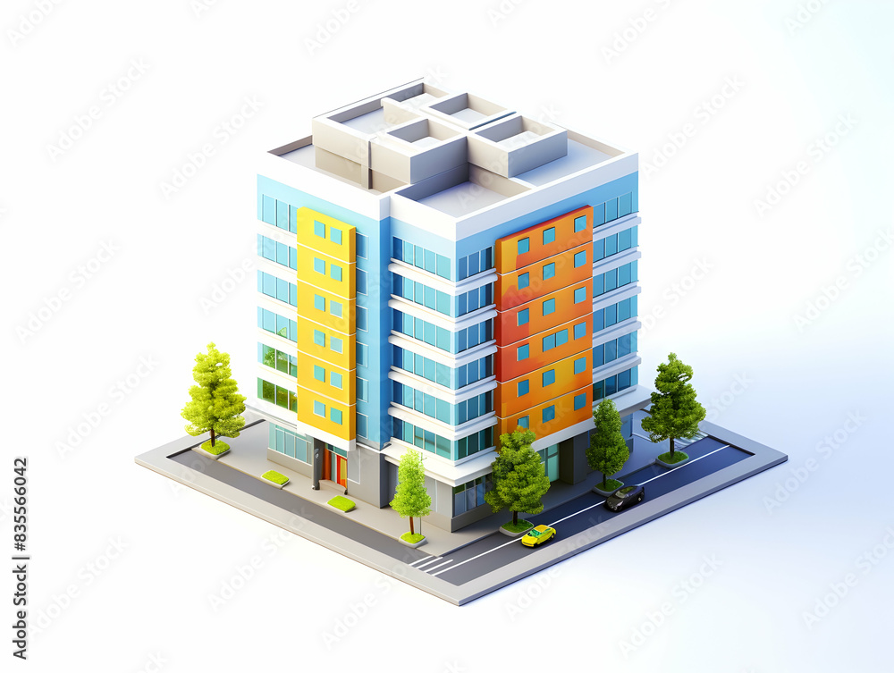 A model of 3d real estate house building, Conceptual flat and building on urban area, real estate housing concept A model of 3d real estate house building, Conceptual flat and building on urban area, real estate housing concept