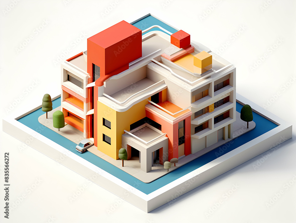 A model of 3d real estate house building, Conceptual flat and building on urban area, real estate housing concept A model of 3d real estate house building, Conceptual flat and building on urban area, real estate housing concept