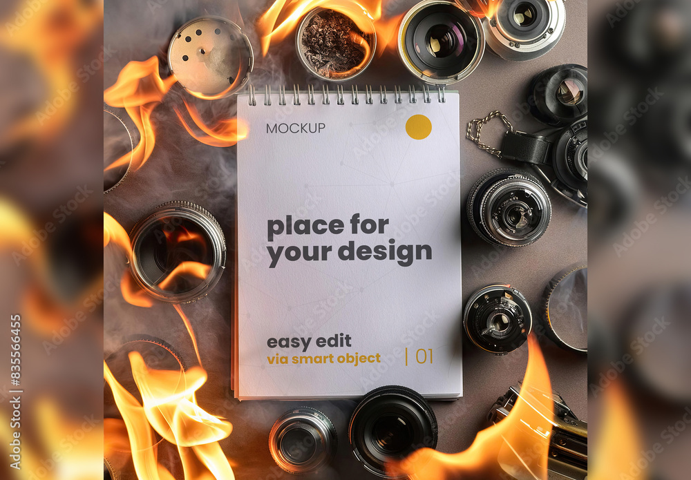 Lens and Fire Page Notebook Mockup Generative Ai Stock Template | Adobe ...