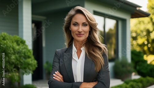 A confident European real estate agent stands proudly in a modern home, exudes expertise and accessibility, and is ready to help potential home buyers