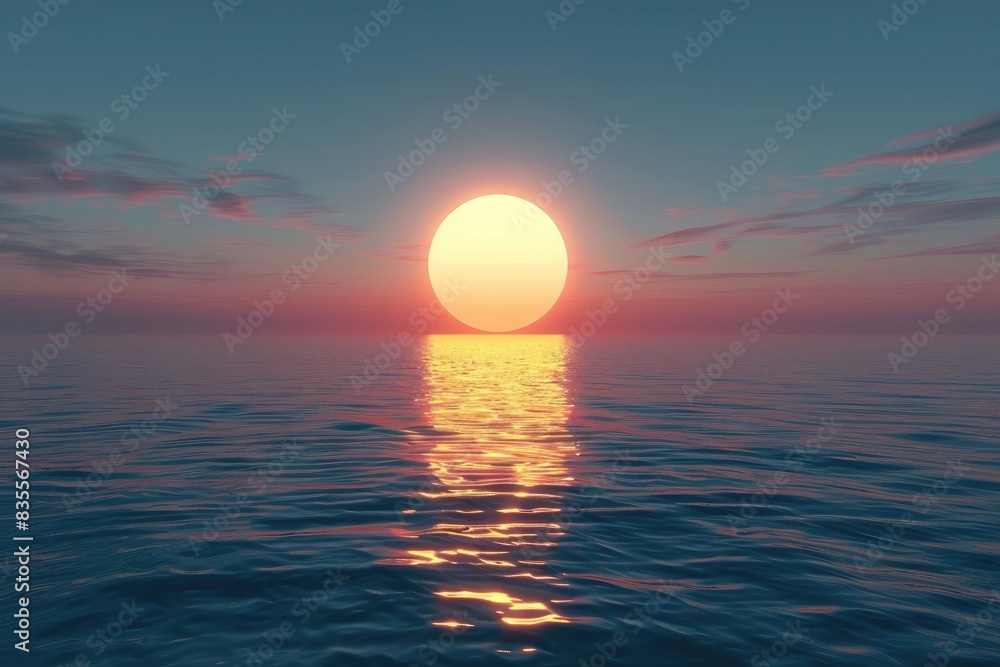 3D rendering of a large sun on the horizon over a calm ocean. Night sky with reflection in the water. Sunset, sunrise, night scene. Summer, spring, autumn mood.