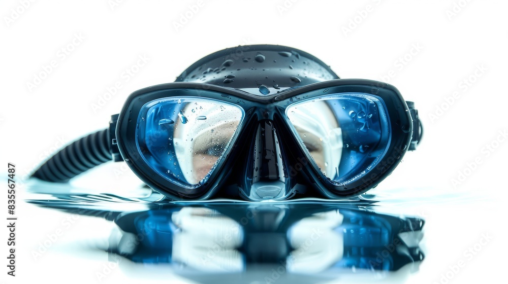 Close-up of a scuba diver's face with snorkel gear partially submerged in water, highlighting underwater exploration and adventure. Close-up of a scuba diver's face with snorkel gear partially submerged in water, highlighting underwater exploration and adventure.