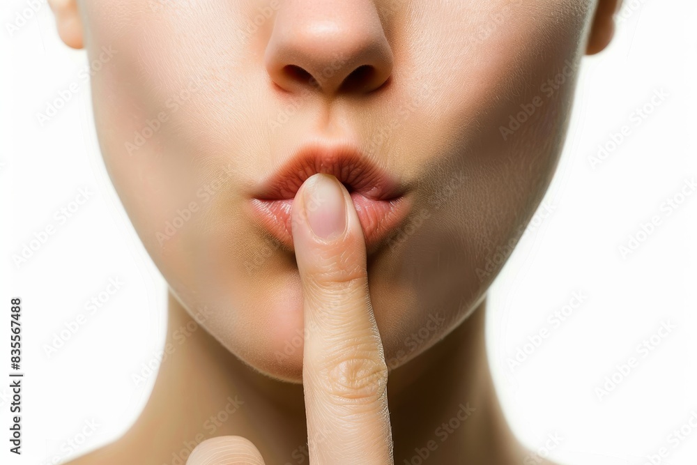 Obraz premium Close-up of a woman with her finger on her lips, signaling for silence. Isolated on a white background.