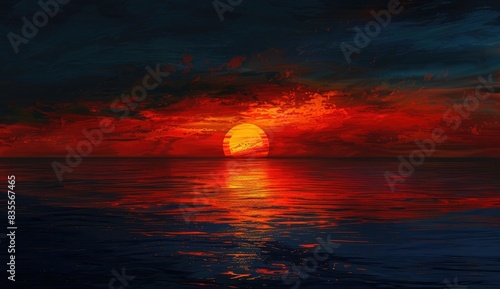 3D rendering of a sunset over the ocean with a reflection on the water surface. Sunset background with copy space. Abstract dark sky at night. Orange, red and yellow colors. Sunset landscape